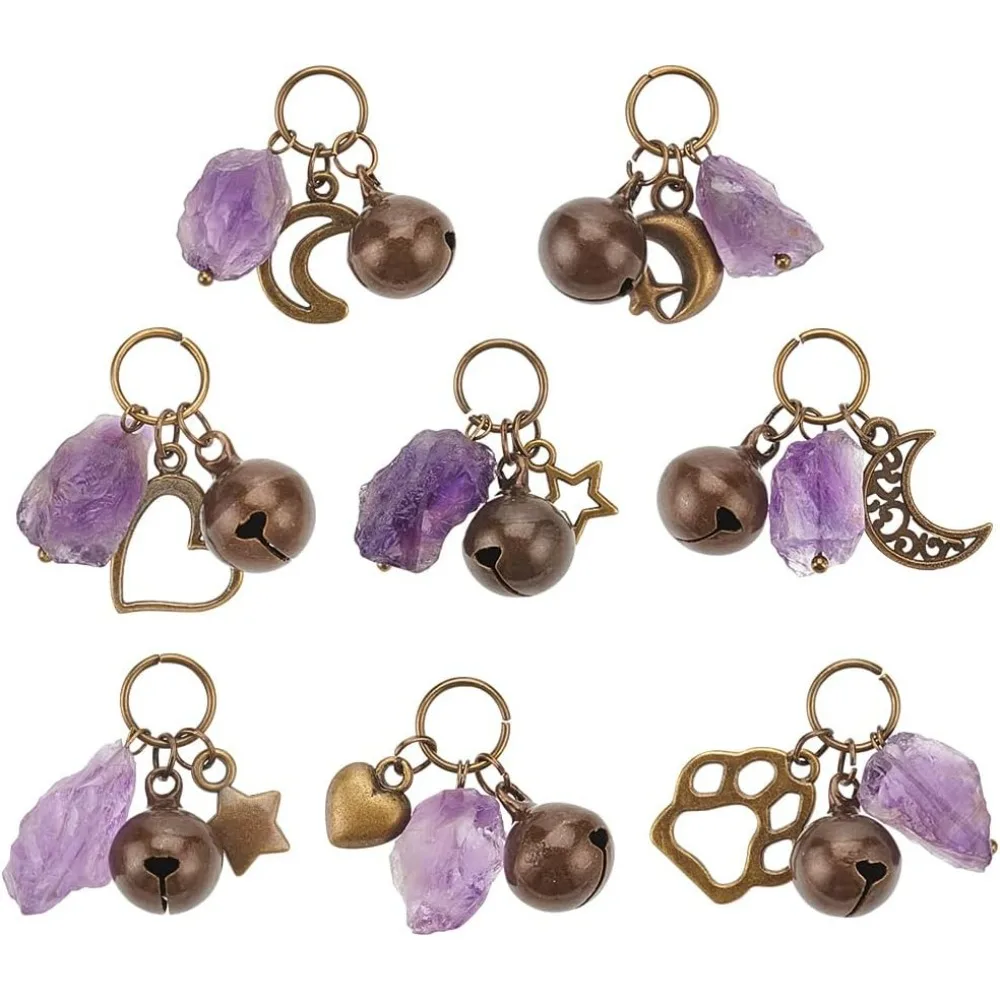 8pcs Natural Amethyst Pet Collar Charms Moon Star Heart Pet Collar Bells Crystal Jewelry Bell Charms with Alloy Pendants for Cat