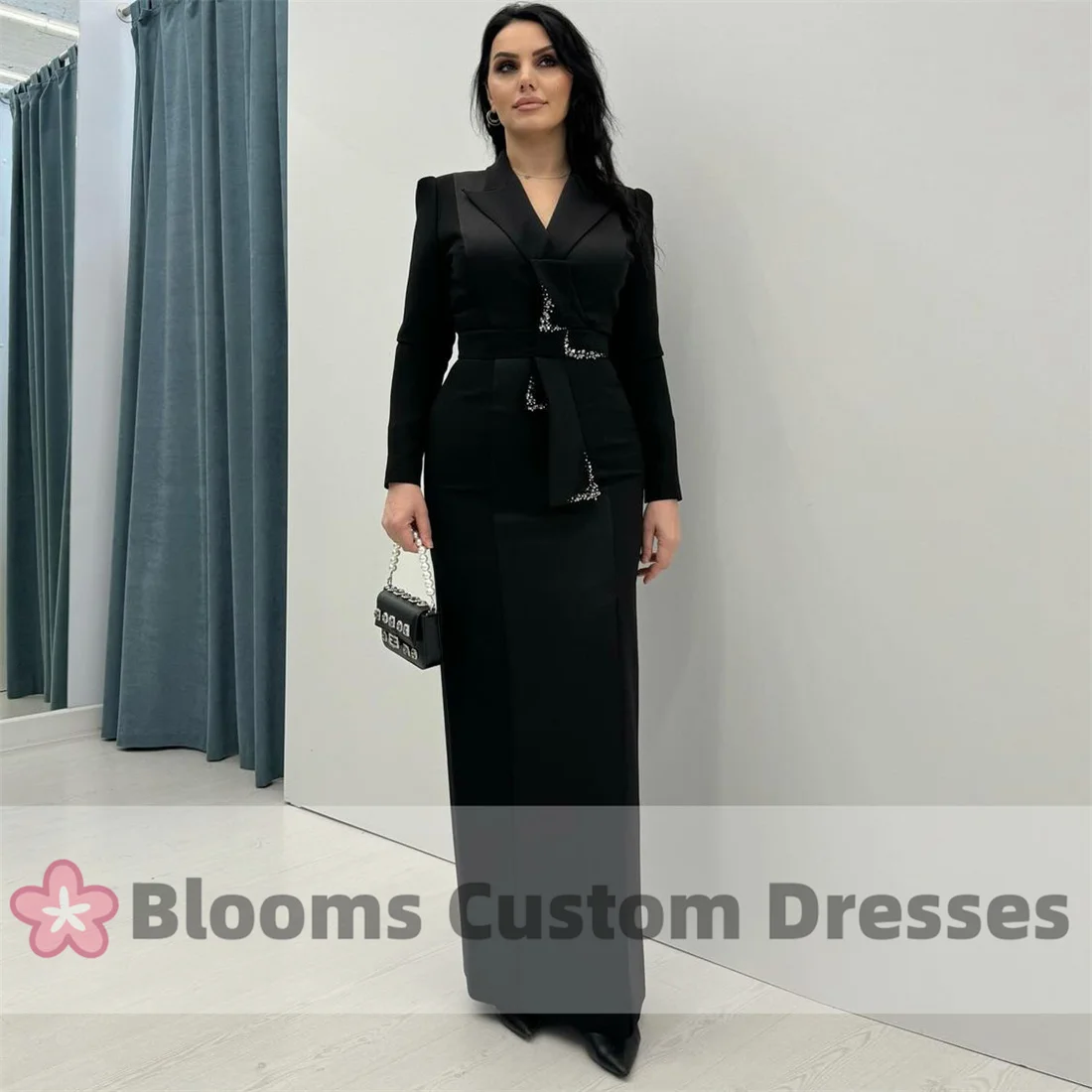 

Blooms Elegant Black Satin Long Sleeves Beaded Prom Dresses V-neck Lapel Evening Dress for Formal Occasion Wedding Party Gown