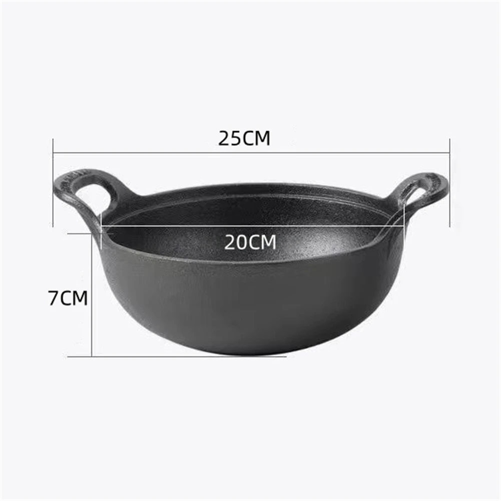 

20cm Flat= Bottom Uncoated Cast Iron=Wok Dual Handle Cooking Pan With Wooden Lid For Gas, Induction, Electric Home Kitchen Tools