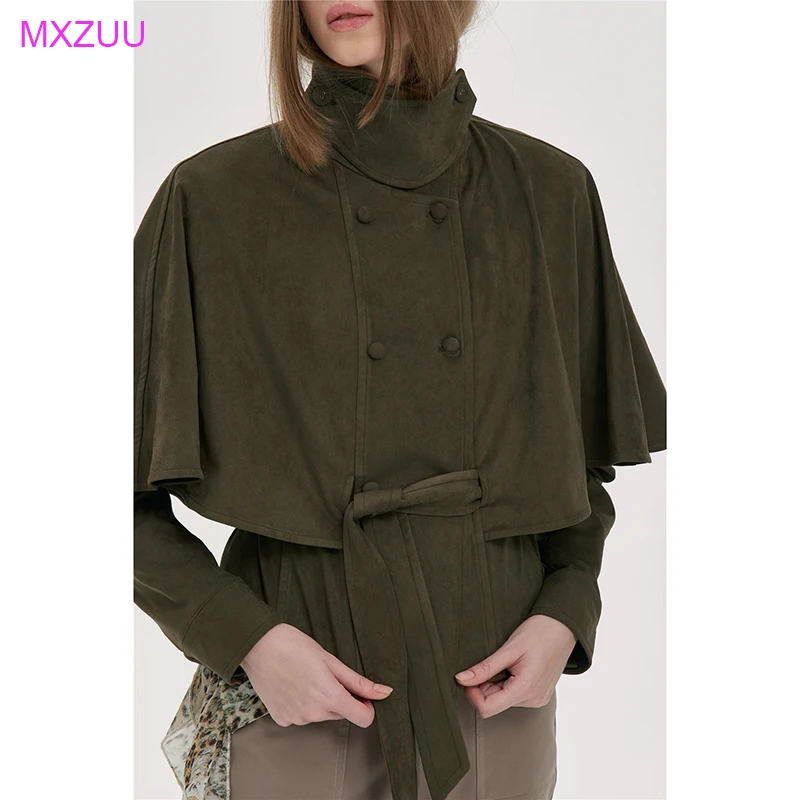 Giacca in Pelle Primaverile, Collo Alto, Doppiopetto, Stile Vintage, con Cintura, Trench Corto in Pelle Scamosciata per Donna