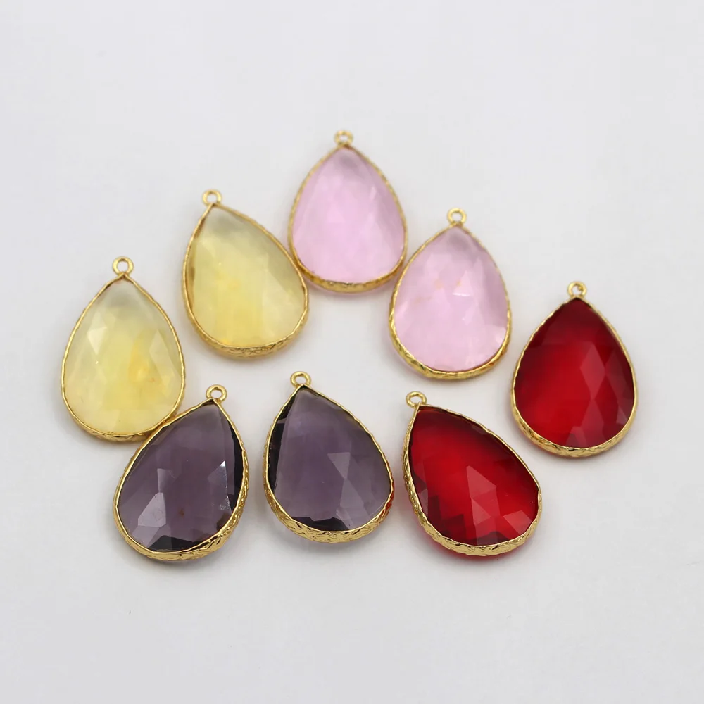 

10pcs Gold Plated Colored Faceted Pink Yellow Red Purple Glass Drops Teardrop Pendant Charms