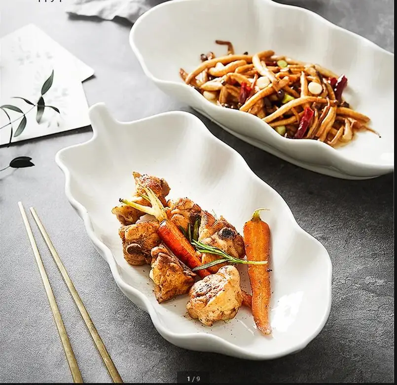 

Banana Leaf Plate Pure White Ceramic Plates Dinner Fruit Tray Salad Bowl Dessert Fish Decorative Tableware