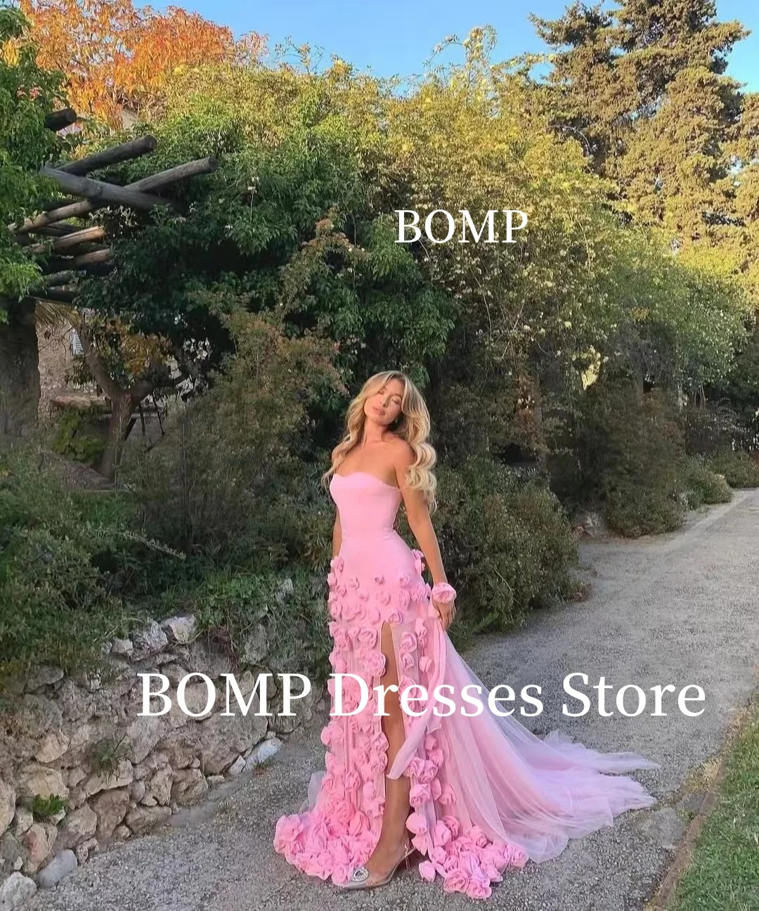 BOMP exquisito vestido de fiesta de noche rosa sin tirantes con abertura lateral vestido de fiesta de gasa Arabia Saudita personalizado فساتmavera