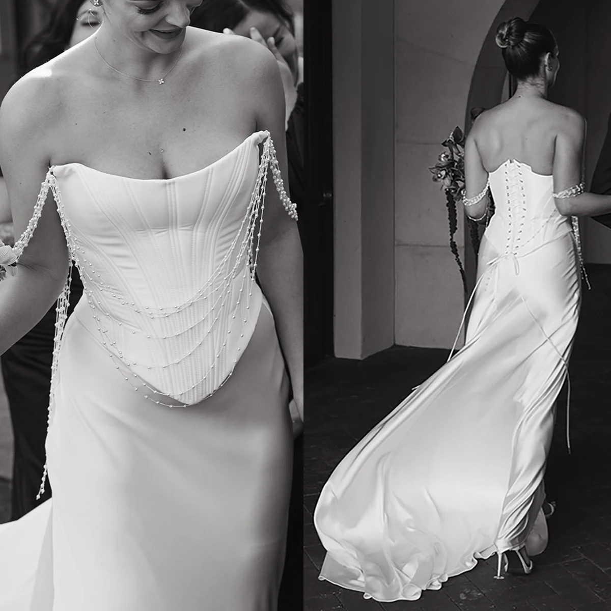 コルセット骨太トップパールチェーンオフショルダースリーブブライダルドレスコラムサテンスカートグロメット閉鎖カスタマイズされたウェディングドレス