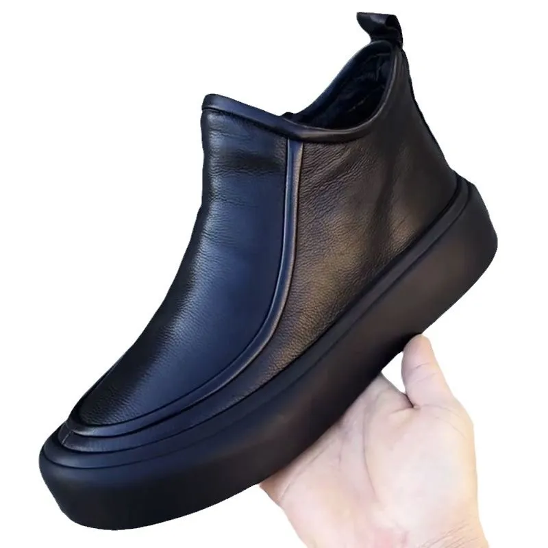 Faux Leather Warm Lined Slip-On Platform Ankle Boots Chunky Sole Non-Slip Comfortable Casual Shoes Trendy Winter Cold Weather