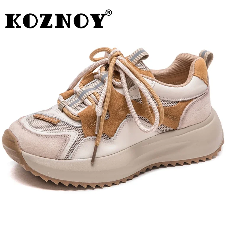 Koznoy 4cm Air Mesh Genuine Leather Comfy Summer Fashion Hollow Ankle Boots Chunky Sneaker Women Vulcanize Fashion Shoes