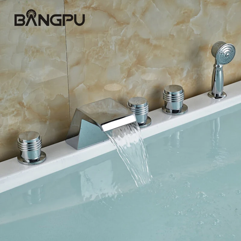 

Modern 5 Hole Waterfall Tub Faucet Set with Sprayer Deck Mount Bathtub Faucet Set Roman Bath Tub Faucet with Hand Shower Chrome