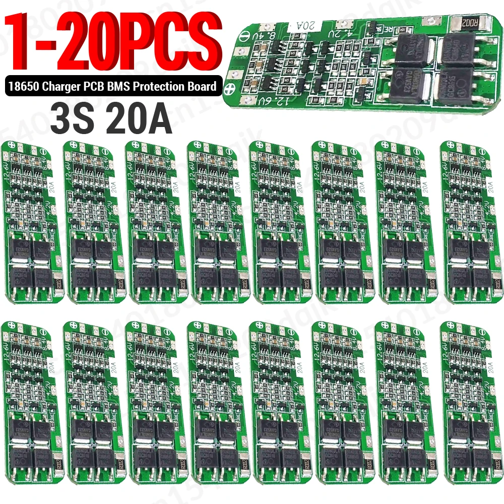 1-20pcs 3S 20A Li-ion Lithium Battery 18650 Charger PCB BMS Protection Board 12.6V 59x20x4mm Li-ion Battery for Drill Motor