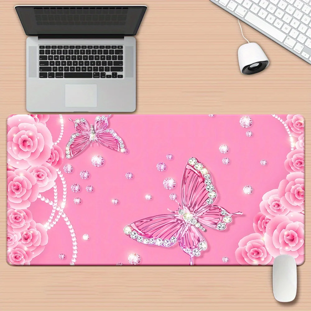 1pc Pink Rose Romantic Diamond Butterfly Gaming Mouse Pad, HD Printed Pad for Desk, Multi Functional XXL Mousepad, Keyboard Gami