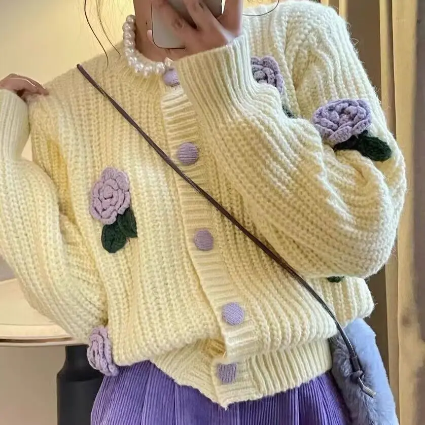 Autumn Women\'s Sweet Rose Cardigan Flower Knit Sweater
