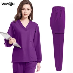 Camiseta de manga larga de tela elástica de color sólido, pantalones exfoliantes, jogger, uniforme de trabajo para sala de operaciones de laboratorio y farmacia Dental
