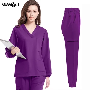Tessuto elastico in tinta unita Scrub a maniche lunghe top pantaloni scrub jogger Uniforme da lavoro per sala operatoria da laboratorio per farmacia odontoiatrica