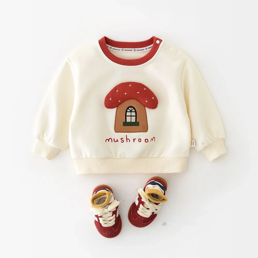 

2025 Autumn Mushroom House Baby Sweatshirt Cartoon Applique Round Neck Long Sleeve 0-3Y Baby Top with Shoulder Button