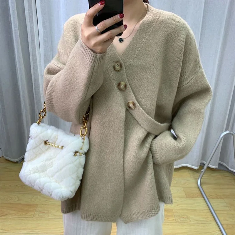

Spring Autumn New Loose Solid Color Knitting Cardigan V Neck Long Sleeve Versatile Sweaters Trend Korean Fashion Women Clothing
