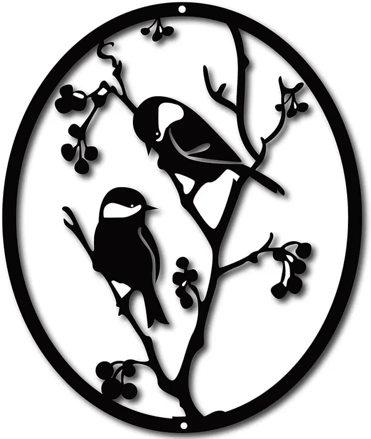 1PC Birds on Oval Round Metal Wall Decor Tree Art Metal Bird Garden Wall Art Signs Black Hanging for Christmas Halloween