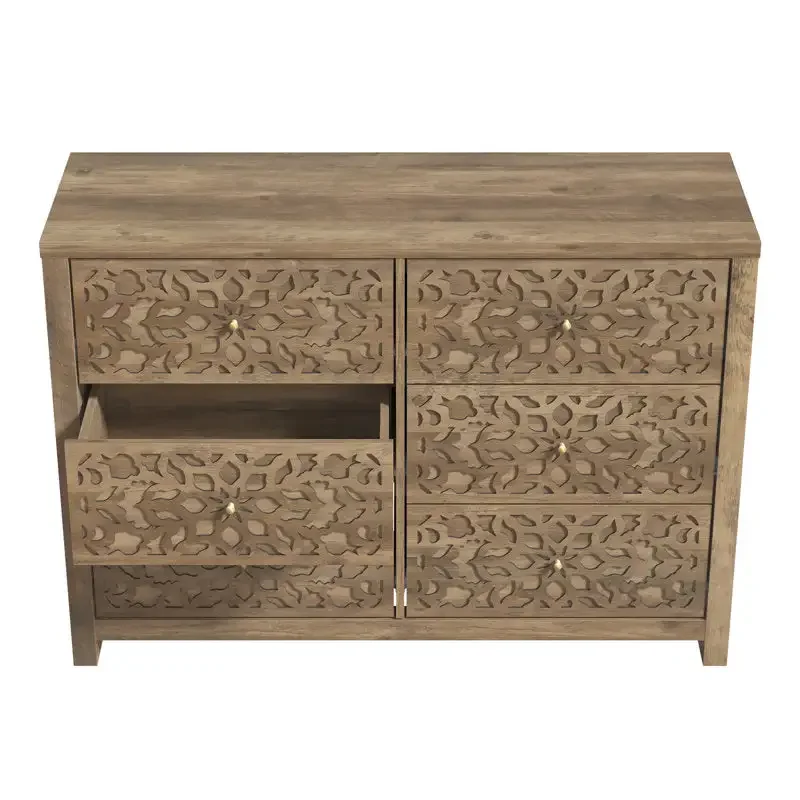 Contemporary traditional 6-drawer dresser chest carved wooden cabinet with floral hollow front