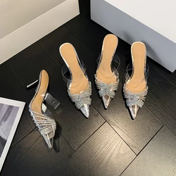 Designer Brand Women Pumps Rhinestones High Heels Transparent Sandals Slingbacks Pointed Toe Party Bride Wedding Shoes Ladies