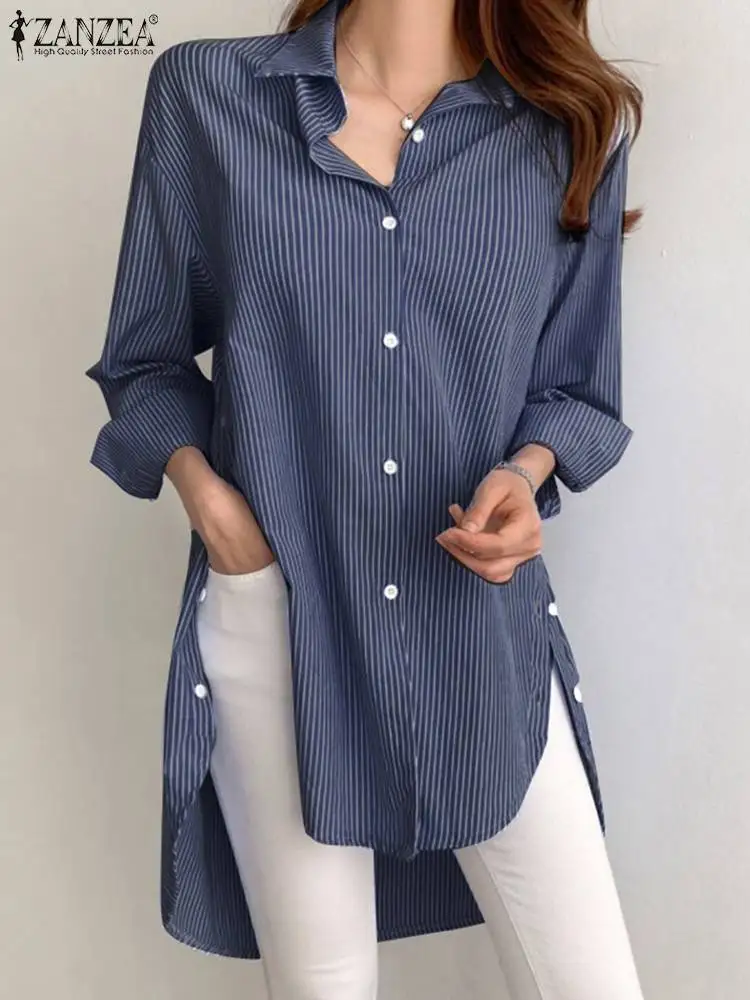 ZANZEA Casual Long Sleeve Blusas Striped Shirt 2023 Women Lapel Neck Tunic Casual Loose Drop Shoulder Fashion Asymmetrical Tops