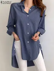 ZANZEA Casual Long Sleeve Blusas Striped Shirt 2023 Women Lapel Neck Tunic Casual Loose Drop Shoulder Fashion Asymmetrical Tops