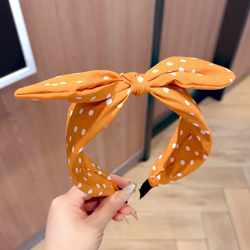 Effen kleur stof Polka Dot Bow hoofdband voor kinderen Elegant temperament Brede hoofdband Mode meisje make-up haarband