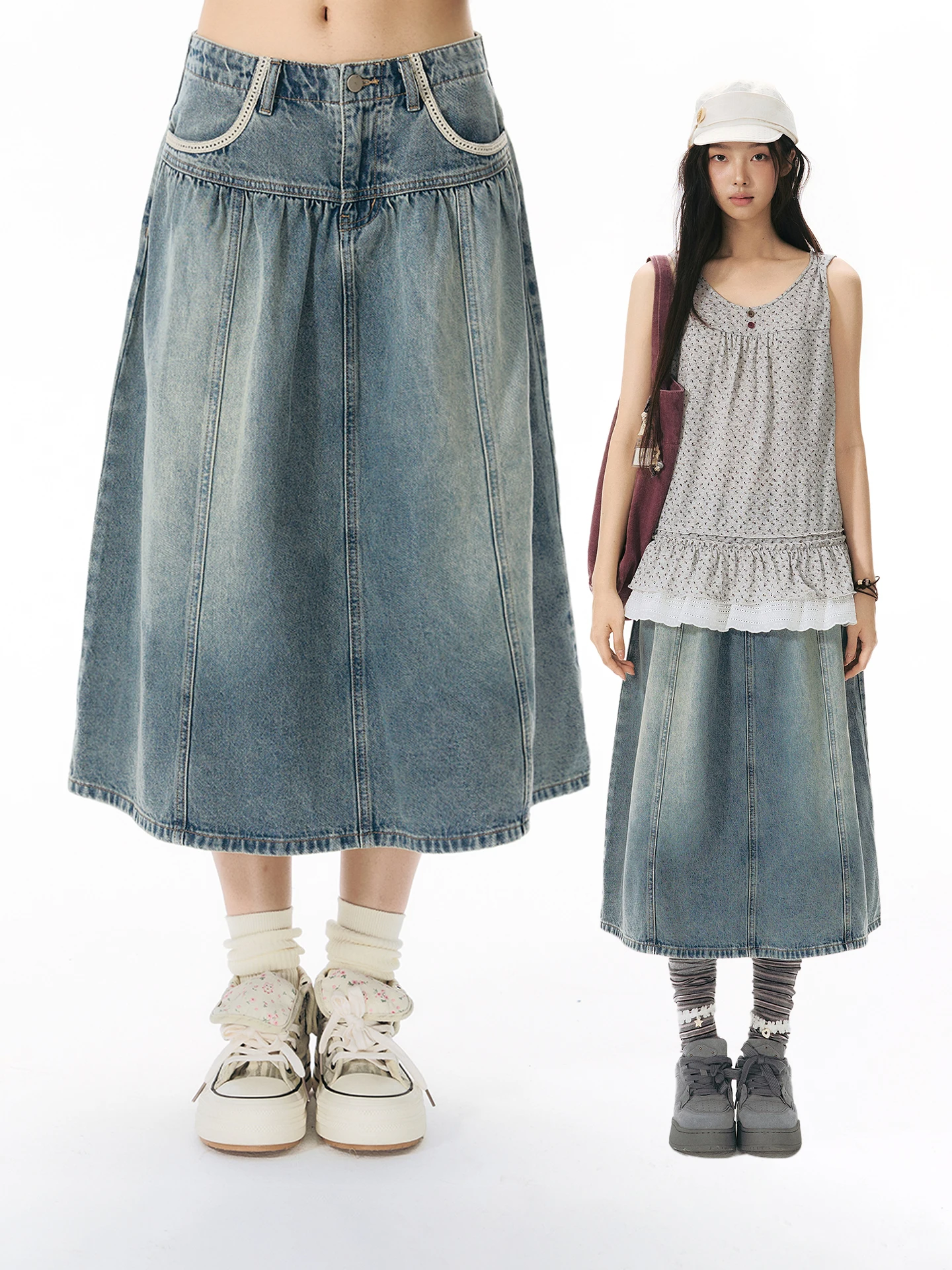 NAPSNAPS Original Denim Patchwork A-Line Skirt Women's Summer Light Blue Vintage Long Skirt Pocket Design Cotton Leather