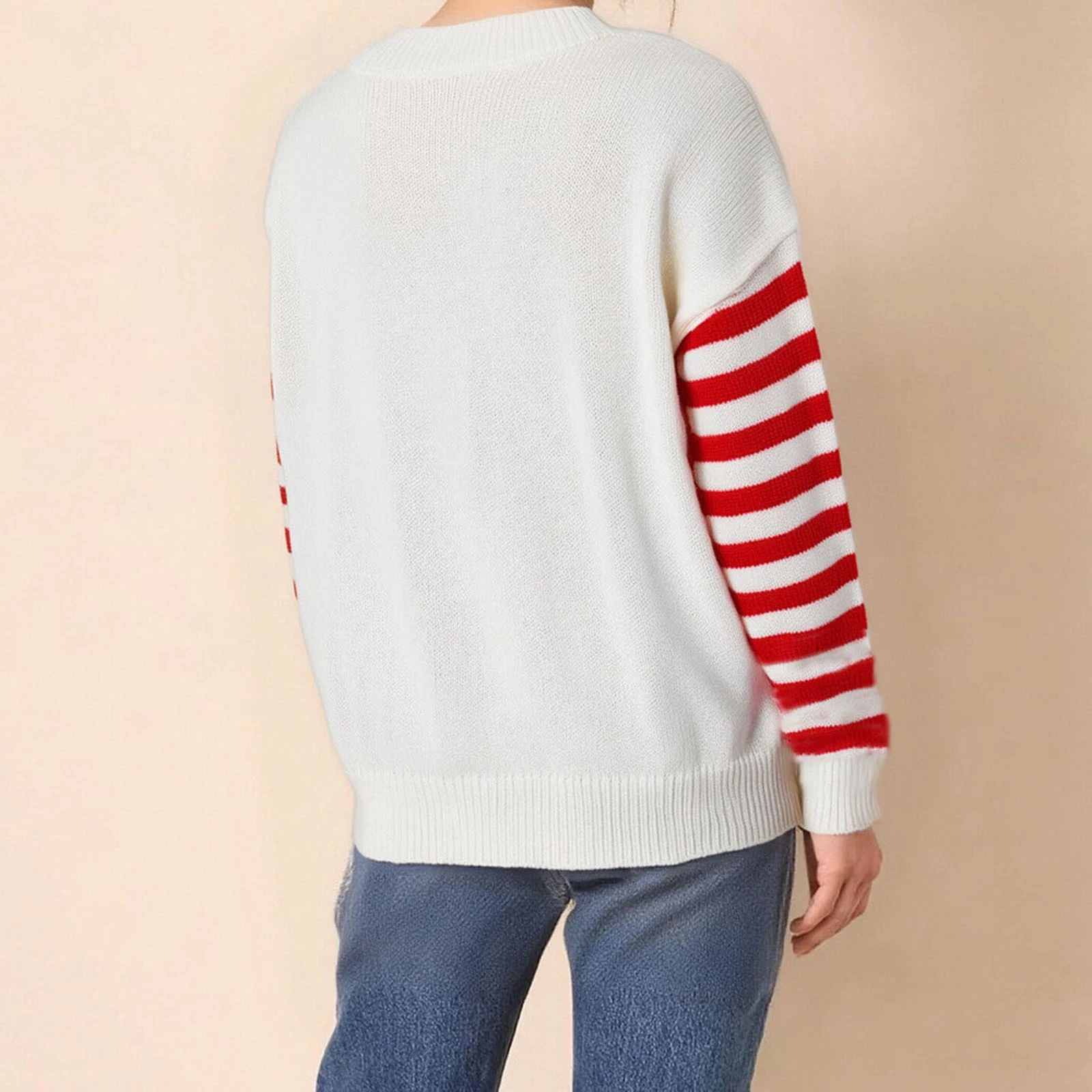 Damski świąteczny sweter dzianinowy z długim rękawem, okrągły dekolt, nadruk choinki, odzież dzianinowa, jesienno-zimowy sweter wkładany przez głowę.