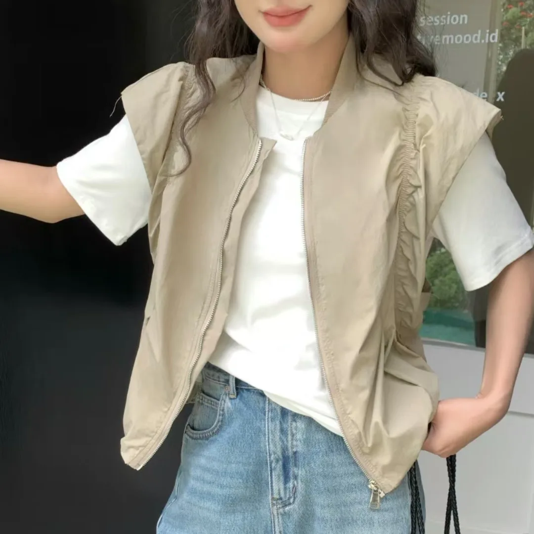 

ort Zipper Fly Sve Zipper irt Женская весна-лето Корейский шикарный топ без рукавов Солнцезащитный жилет Майка