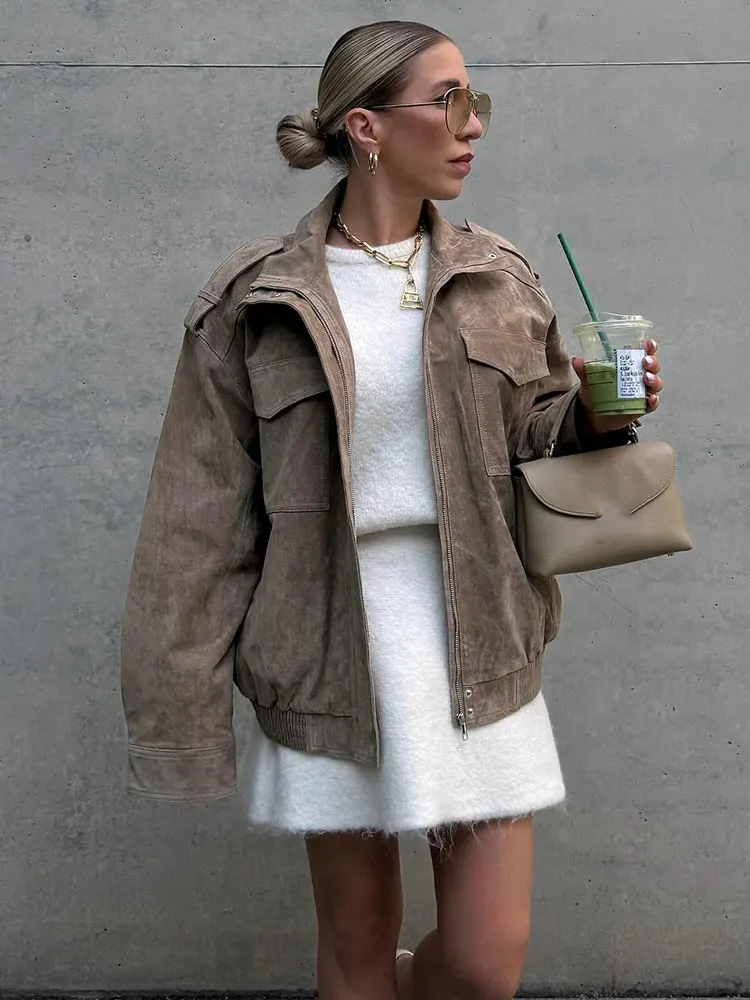 

HH Women Vintage Solid Coat Lapel Zipper Long Sleeve Bomber Jackets With Pockets Lady New Fashion High Street Outwear