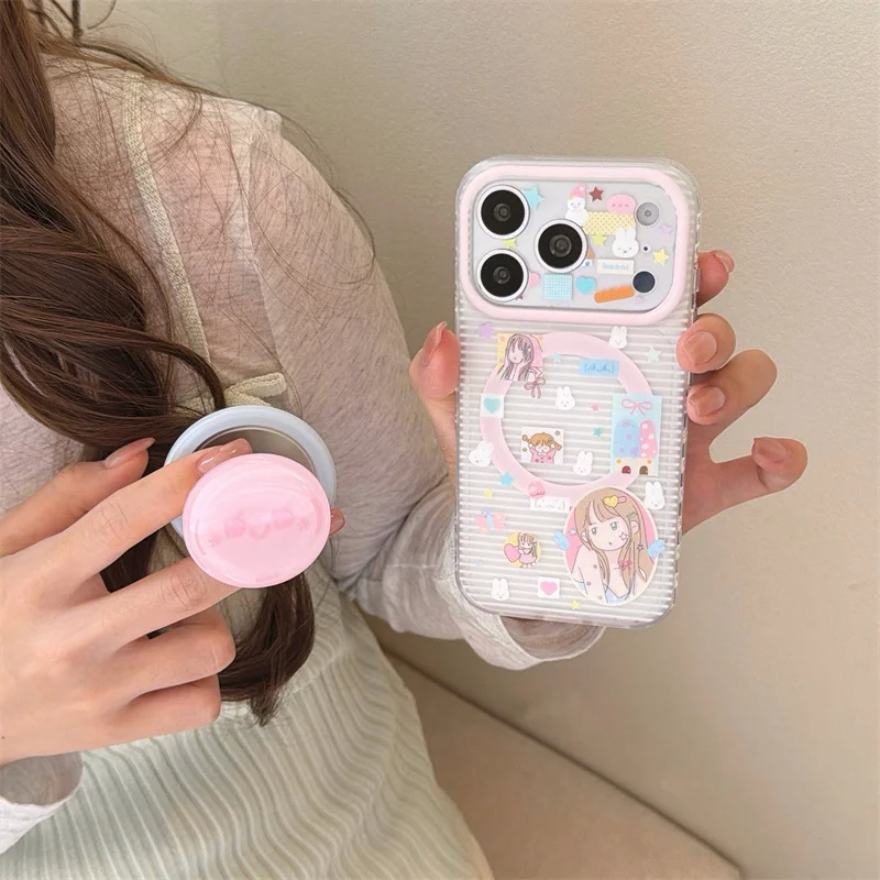 

Kawaii Anime Girl Sticker Print For MagSafe Phone Case For iPhone 15 16 17 Pro Max With Pink Stand Shockproof Cover