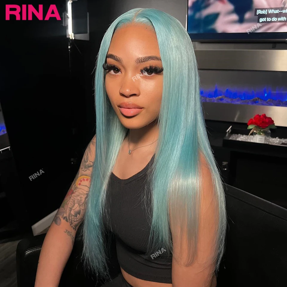 Rina Hair Light Blue Colored Ombre Wig Straight 13x4 Lace Front Wig Pre Plucked Human Hair 613 13X4 Lace Frontal Wigs For Women