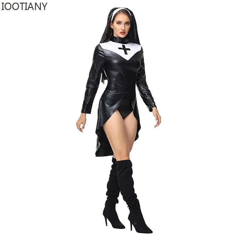 

CosplayIootiany Sexy Leather Nun Temptation Costume Pvc Church Religious Nun Suit Sexy Adult Nurse Role Play Stage Performance D