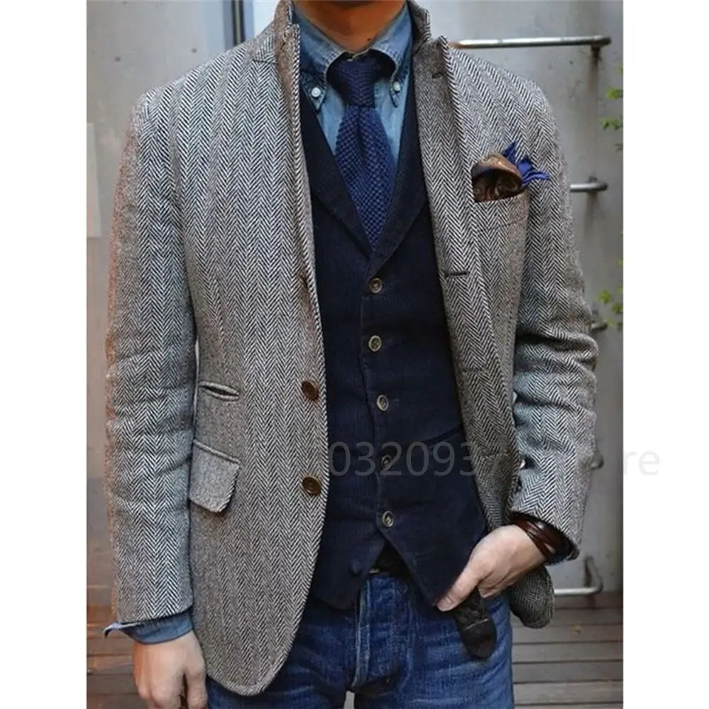 Men\'s Suit Gray Blazer Prom Tuxedos Herringbone Wool Tweed Single Breasted Formal Bussiness Jacket for Wedding（Only Coat）