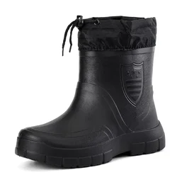 Bottes de pluie en coton coupe-vent pour hommes, chaussures à enfiler noires, bottes de travail imperméables, chaudes, légères, rinçage, mode d'hiver, 2024