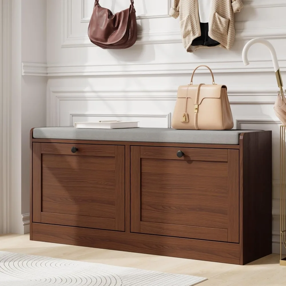 مقعد تخزين خشبي معاصر مع مقعد مبطن وأدراج قابلة للطي لتخزين الأحذية في المدخل