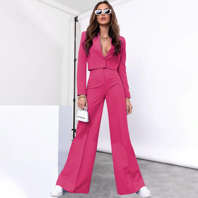 Autumn and Winter New European and American Trend Solid Color Short Sleeved Top Fashion High Waisted Wide Leg Pants Set