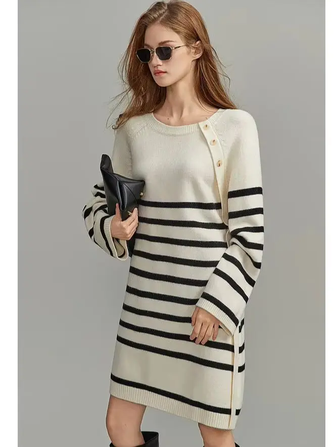 Striped dress female drape cashmere sweater long skirt autumn and winter new loose skirt.