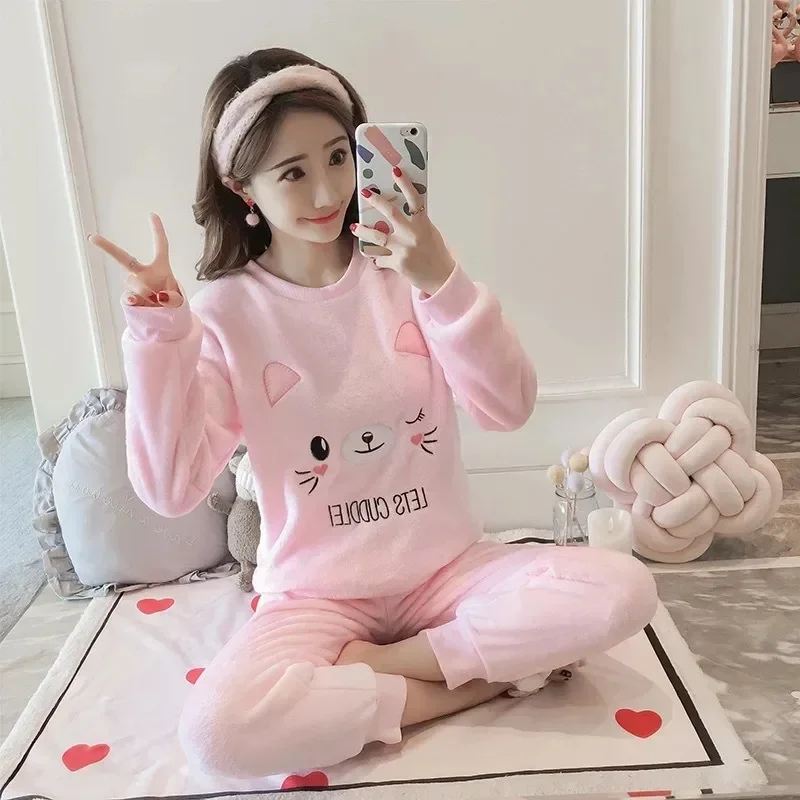 

Women Nightwear Thickened Warm Flannel Autumn and Winter Pajamas Loungewear Female Cute Cartoon Stripedsleepwear Homewear