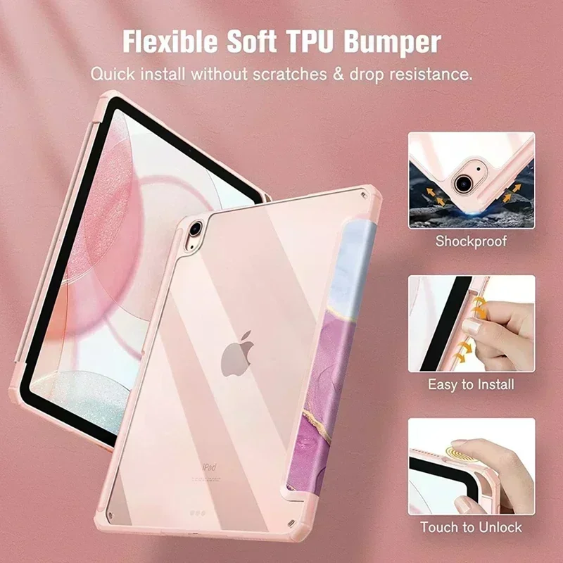 Smart PU Case pour iPad Air, 4th 5th iPad 10th 10.9 Funda pour iPad Pro air 11 2024 7th 8th 9th 10.2 9.7 3 10.5 Transparent Cover