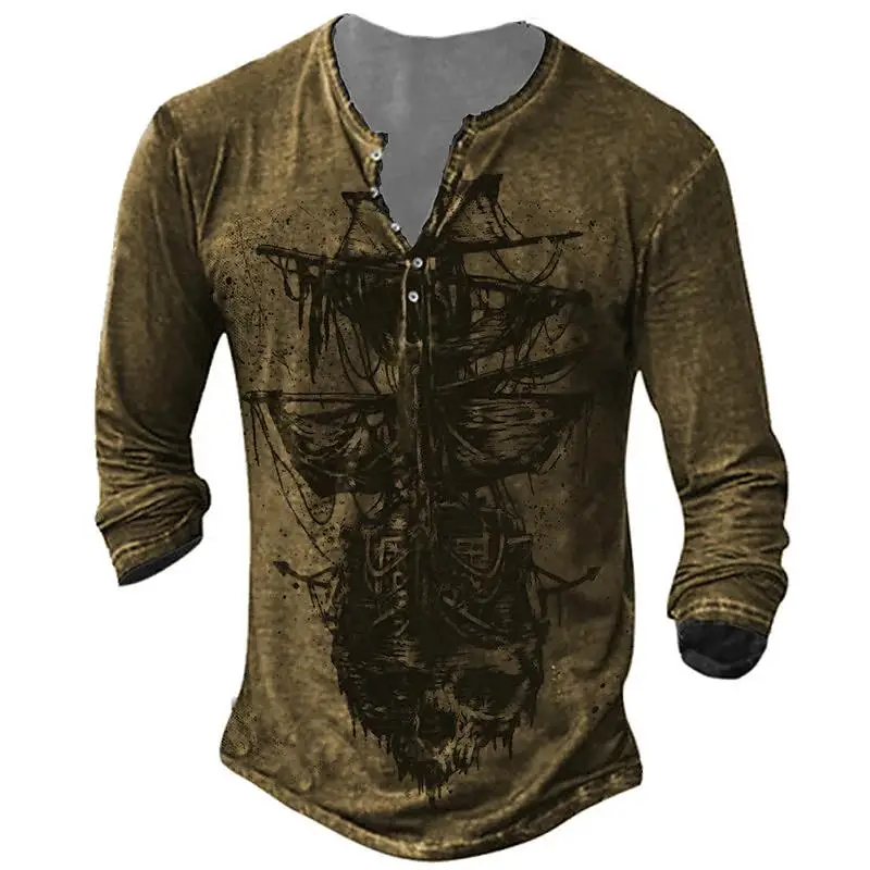 Vintage V-neck Cotton Long Sleeve T-shirts For Men 3d Print Navigation Henley Shirt Hip Hop Y2k Pullover Oversized Tee Shirt Men