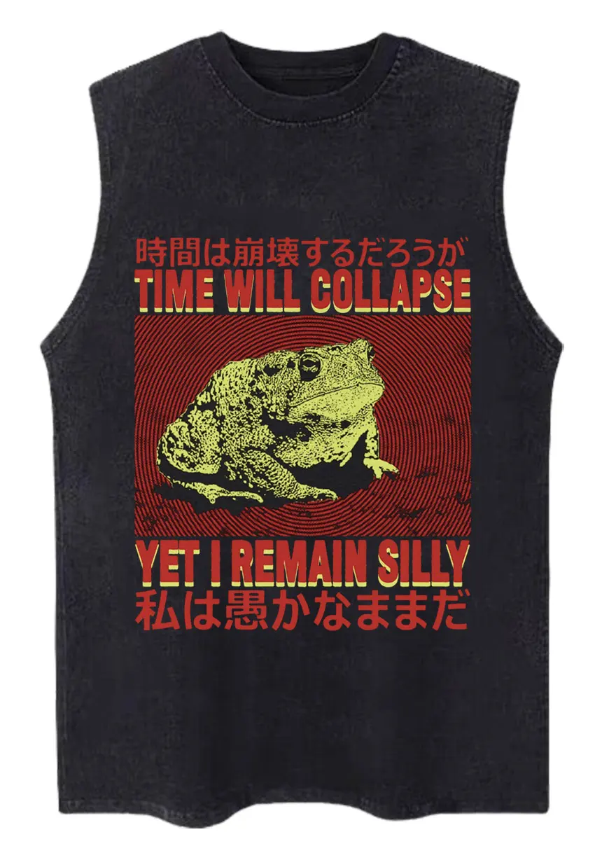 Funny Time Will Collapse Yet I Remain Silly Japanese Frog T Shirts Men Vintage Washed Tank Top Short Sleeve T-shirt Unisex Tops