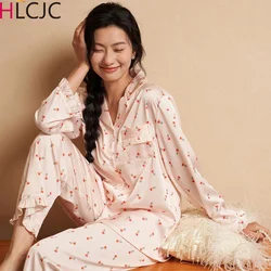 2024 Spring Summer New Ice Silk 2 Pieces Pajamas for Women Cardigan Ruffle Edge Pants Women's Pajamas Sweet Printing Loungewear
