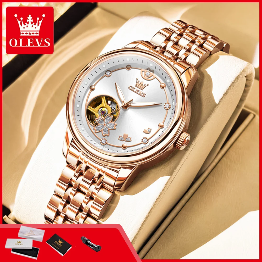 OLEVS 6732 Top Brand Women's Watches Elegant Stainless Steel Hollow Waterproof Luminous Automatic Mechancial Watches for Lady