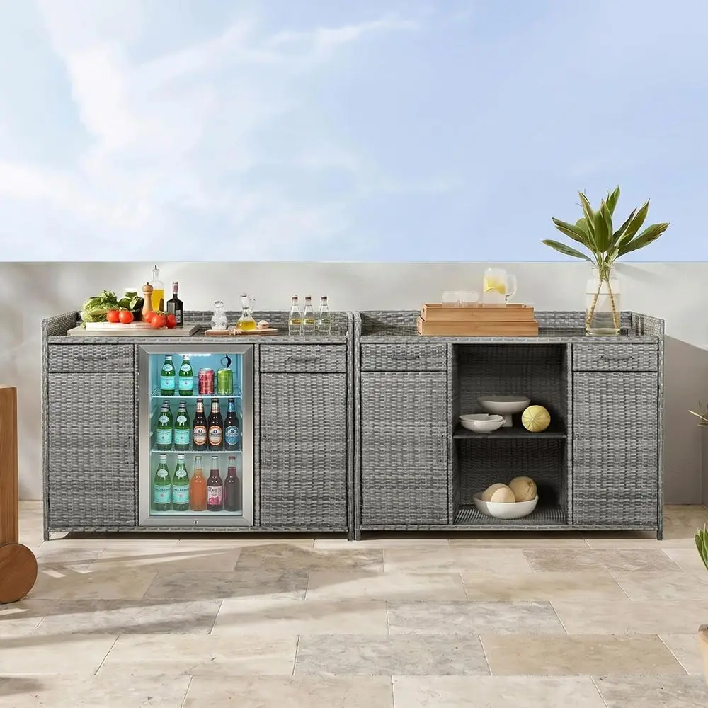 

Outdoor Wicker Storage Cabinet with Ridge Space, Weatherproof Mini Bar Cabinet for Adjustable Shelves and Pool Towel Storage, Su
