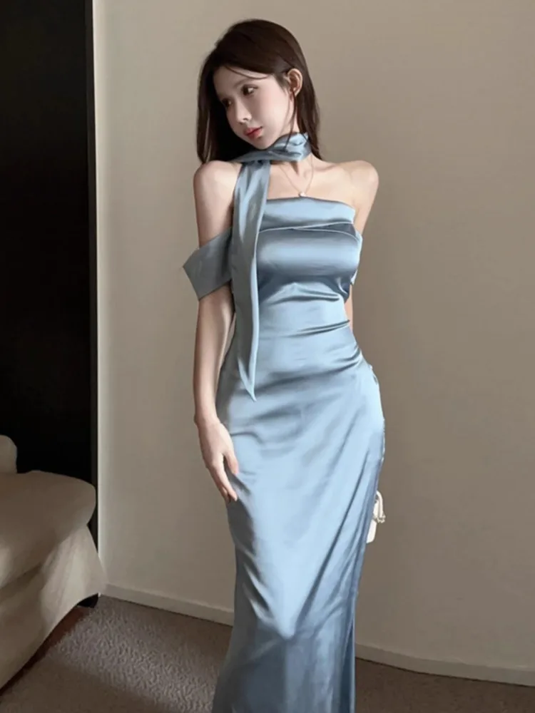 Ezgaga Woman Dress Sexy Ribbon Bandage Elegant Sleeveless Off Shoulder Slash Neck Slim Backless Elegant Party Dresses Female