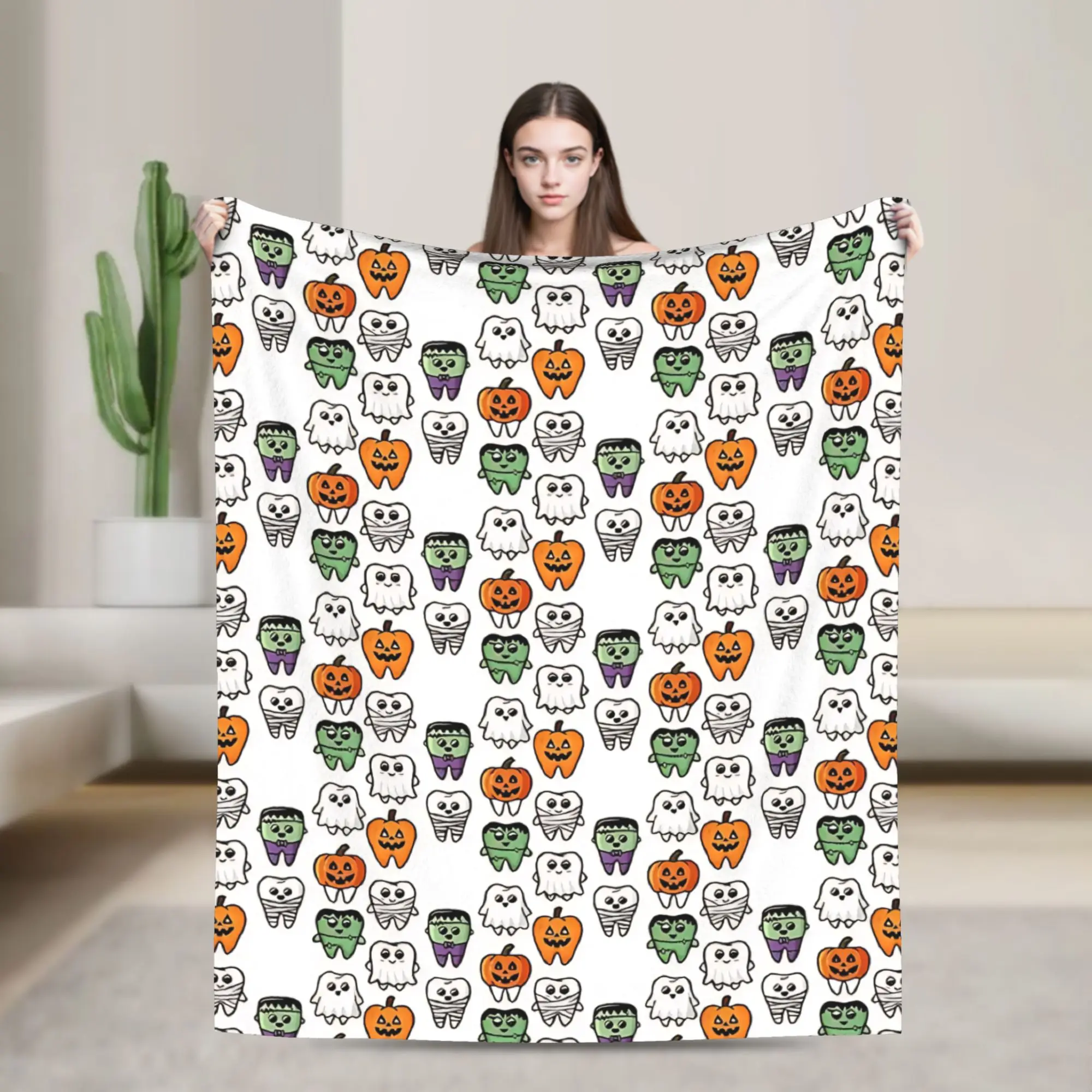 Scary Dentist Dental Matching  Blankets Flannel Cartoon Teeth Helloween Lightweight Throw Blanket for Outdoor Travel Bedspread