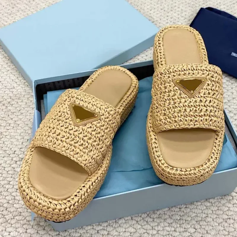Zapatillas de fondo grueso de punto hechas a mano, prendas de vestir exteriores informales a la moda para mujer, suela de goma, zapatillas superventas de verano 202534-42