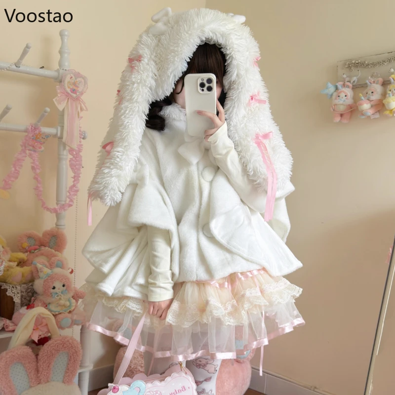 Japonais doux oreilles de lapin Lolita manteau à capuche automne hiver femmes Kawaii peluche Patchwork Capes manteau femme chaud châle pardessus