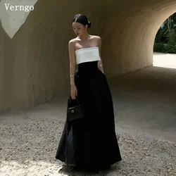 Verngo Black White Satin Prom Gown Strapless A Line Long Evening Dresses Women Simple Franch Formal Prom Party Dress