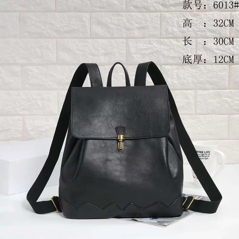 Genuine Leather Women Solid Flap Backpack Casual Vintage Bag