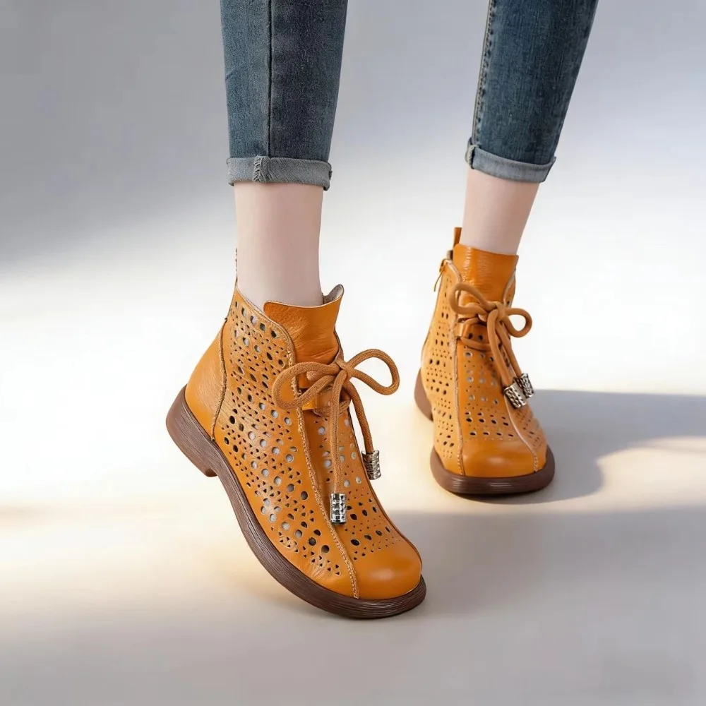 

2026 Summer Ankle Boots Women Breathable Cutout Genuine Leather Shoes Soft Flat Zip Summer Booties Casual Daily Wear DX912